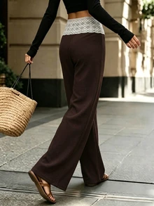 SHEIN Women's Solid Color Brown Textured Lace Patchwork Tie-Up Wide Leg Pants, Autumn/Winter Casual - Coffee Brown - View 2