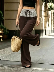 SHEIN Women's Solid Color Brown Textured Lace Patchwork Tie-Up Wide Leg Pants, Autumn/Winter Casual - Coffee Brown - View 8