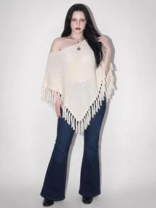 SHEIN ICON ملابس علوية محبوكة مقاس كبير بيضاء ناعمة بتصميم بوهيمي تقليدي، كاجوال ورسمية للخريف والعطلات والمكتب وضيفة زفاف - بيج - مشاهدة 11