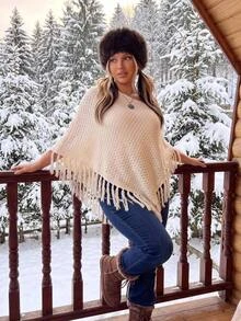 SHEIN ICON ملابس علوية محبوكة مقاس كبير بيضاء ناعمة بتصميم بوهيمي تقليدي، كاجوال ورسمية للخريف والعطلات والمكتب وضيفة زفاف - بيج - مشاهدة 1