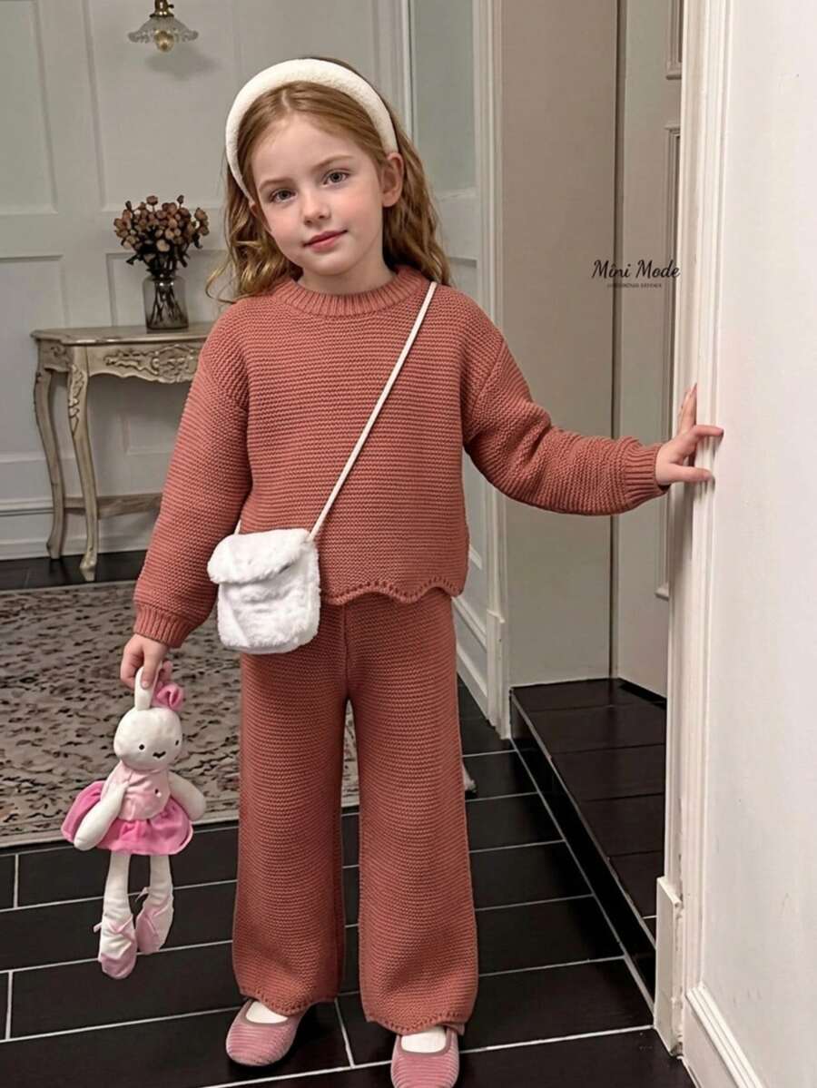 Young Girls Sweater Co-Ords, Knitted Long Sleeve Sweater And Knitted Wide Leg Pants, Suitable For Autumn/Winter - Pink - View 1