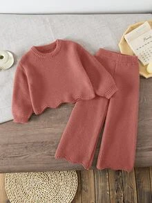 Young Girls Sweater Co-Ords, Knitted Long Sleeve Sweater And Knitted Wide Leg Pants, Suitable For Autumn/Winter - Pink - View 3