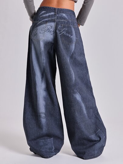 Jeans in denim a gamba dritta ampia con stampa grafica corpo a illusione ottica e lettere inglesi, stile casual street Y2K, per estate autunno inverno primavera