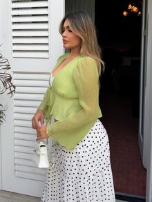 Maria Perezxox Boho Going Out Tops For Women Green Top  Green Blous Ruffled Hem Bell Sleeve Tie Front Blouse No Chest Padding - Green - View 4