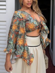Maria Perezxox 女式休闲花卉印花喇叭袖短款上衣 - 彩色 - 查看 3