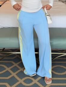 Maria Perezxox Women's Casual Colorblock Striped Wide Leg Sweatpants, Suitable For Spring, Summer, Autumn, Blue Wide Leg Pants - Blue - View 5