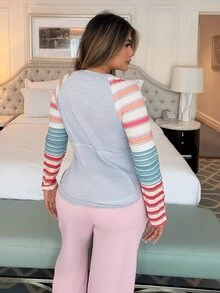 Maria Perezxox Boho Women's Raglan Sleeve Striped Casual Loose Round Neck Long Sleeve T-Shirt - Multicolor - View 2