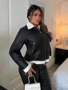 Maria Perezxox 女士秋冬黑色撞色翻领长袖蓬松皮革机车夹克，冬装，冬季女装，冬季女夹克， - 黑色 - 查看 3