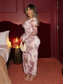 Maria Perezxox 2025年新款秋季女式法式复古扎染印花网眼设计褶皱修身喇叭袖紧身迷你连衣裙 - 彩色 - 查看 3