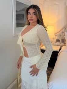Maria Perezxox V领系带喇叭袖纹理面料休闲度假长袖上衣 - 芥末黃 - 查看 3