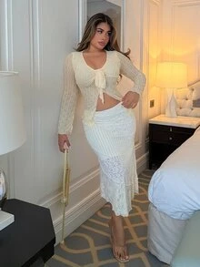Maria Perezxox V领系带喇叭袖纹理面料休闲度假长袖上衣 - 芥末黃 - 查看 5