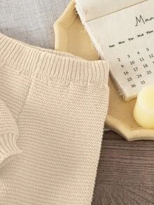 طقم كنزة وبنطال محبوك للفتيات الصغيرات، كنزة محبوكة بأكمام طويلة وبنطال محبوك بساق واسعة - بيج - مشاهدة 7