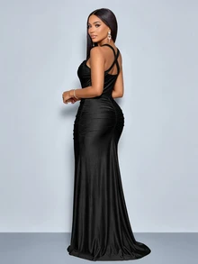 SOLERSUN Women's Champagne Off Shoulder Ruched Maxi Dress, Bow Tie Sleeve Side Slit Bodycon Party Dress - Black - View 4