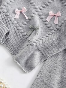 SHEIN Vintaside Kids 女童休閒時尚可愛蝴蝶結尖擺高領針織毛衣 + 針織寬腿褲 2件套，柔軟舒適，適合日常出遊、旅行、度假、托兒所、兒童遊戲、聖誕節 - 灰色 - 查看 4