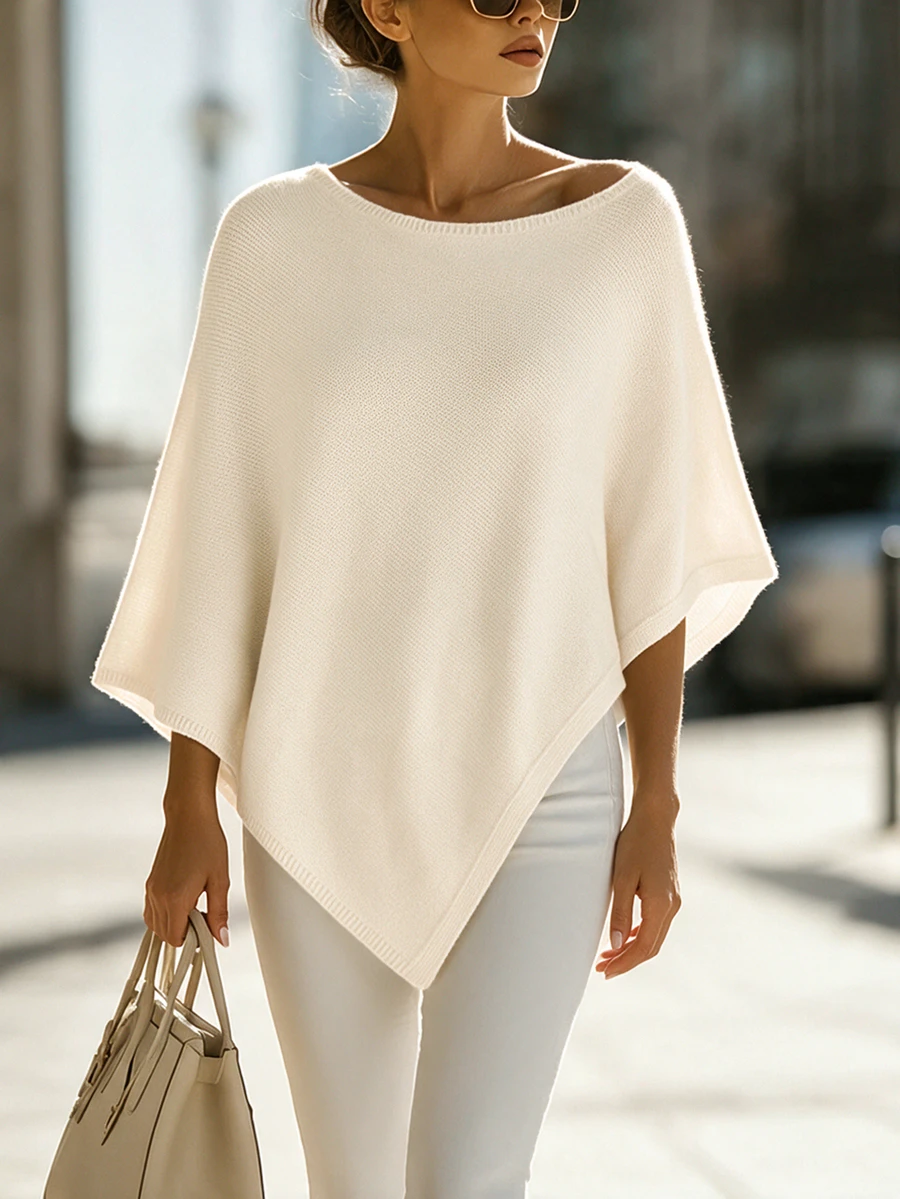 SHEIN بونشو محبوك جديد للربيع والصيف بتصميم ساحلي بسيط غير متماثل للنساء، بياقة قارب وحافة مثلثية، مناسب للمنتجعات والتنسيق الطبقي - لون مشمشي - مشاهدة 1