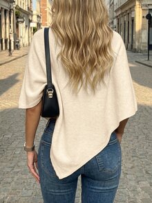 SHEIN بونشو محبوك جديد للربيع والصيف بتصميم ساحلي بسيط غير متماثل للنساء، بياقة قارب وحافة مثلثية، مناسب للمنتجعات والتنسيق الطبقي - لون مشمشي - مشاهدة 2