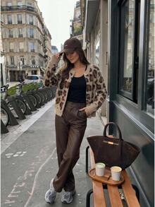 Anewsta Cardigan Rajut Jacquard Motif Leopard Musim Gugur/Dingin Wanita, Jaket Kasual Longgar - Coffee Brown - View 4