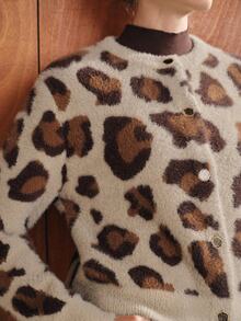 Anewsta Cardigan Rajut Jacquard Motif Leopard Musim Gugur/Dingin Wanita, Jaket Kasual Longgar - Coffee Brown - View 5