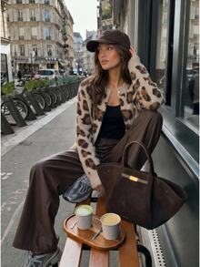 Anewsta Cardigan Rajut Jacquard Motif Leopard Musim Gugur/Dingin Wanita, Jaket Kasual Longgar - Coffee Brown - View 1