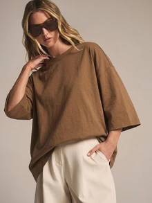 KSTM Oversized Drop Shoulder Crew Neck T-Shirt With Elbow Length Boxy Sleeves In Solid Longline Fit Perfect For Casual Everyday Wear - Brown - View 5