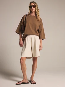 KSTM Oversized Drop Shoulder Crew Neck T-Shirt With Elbow Length Boxy Sleeves In Solid Longline Fit Perfect For Casual Everyday Wear - Brown - View 4