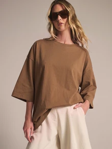 KSTM Oversized Drop Shoulder Crew Neck T-Shirt With Elbow Length Boxy Sleeves In Solid Longline Fit Perfect For Casual Everyday Wear - Brown - View 1