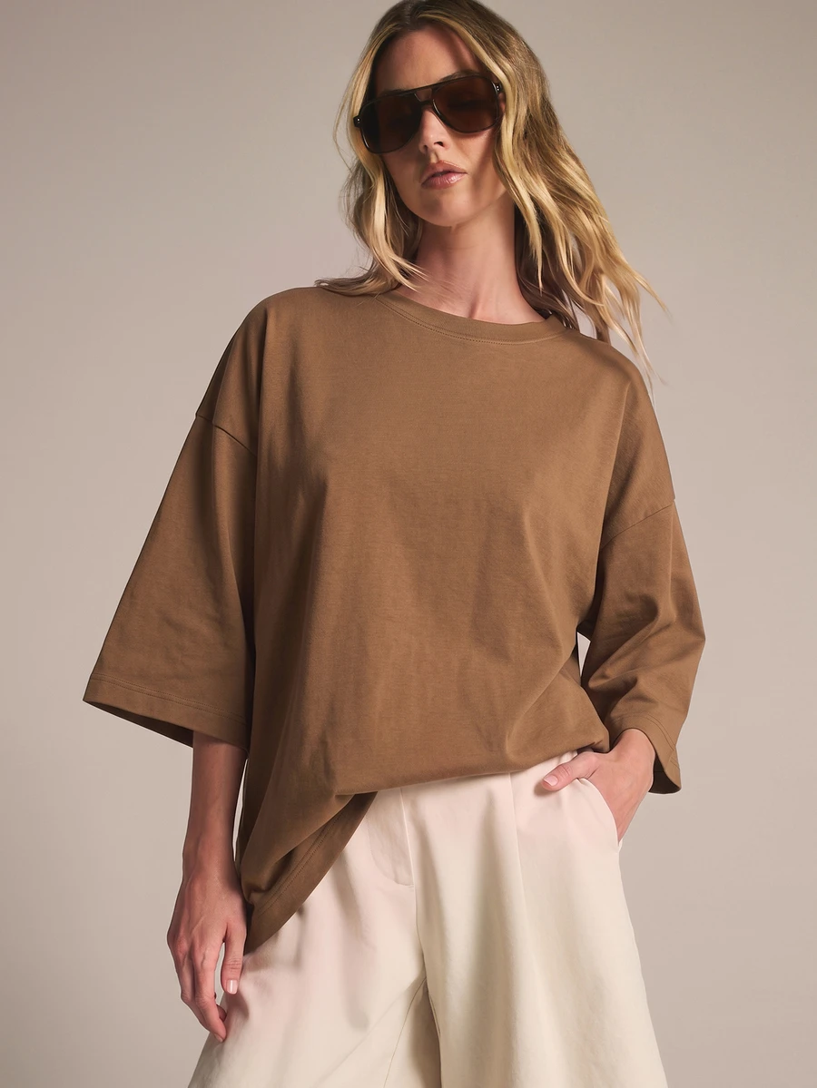 KSTM Oversized Drop Shoulder Crew Neck T-Shirt With Elbow Length Boxy Sleeves In Solid Longline Fit Perfect For Casual Everyday Wear - Brown - View 1