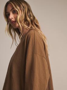 KSTM Oversized Drop Shoulder Crew Neck T-Shirt With Elbow Length Boxy Sleeves In Solid Longline Fit Perfect For Casual Everyday Wear - Brown - View 3
