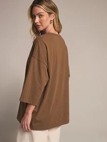 KSTM Oversized Drop Shoulder Crew Neck T-Shirt With Elbow Length Boxy Sleeves In Solid Longline Fit Perfect For Casual Everyday Wear - Brown - View 2