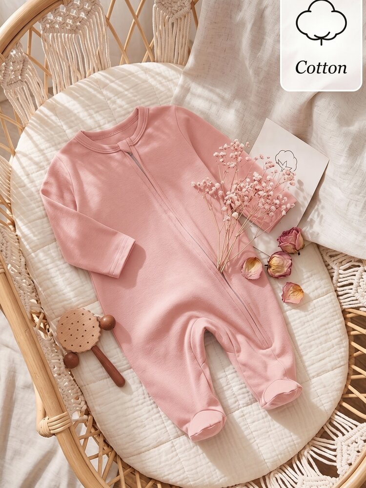 SHEIN 5pcs Random 1pc Newborn Baby Girl Romper Set White Deep Purple Pink Black Autumn/Winter Soft Comfortable Thin Romper Exquisite Cute Floral All-Over Print Casual Simple Zipper Long Sleeve Footed Bodysuit Loungewear - Multicolor - View 6