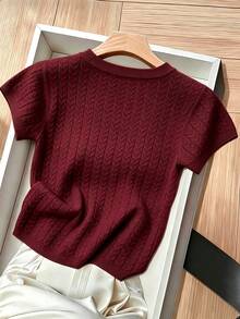 SHEIN 女款素色圓領短袖休閒百搭針織上衣 - 酒紅色 - 查看 3