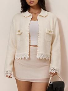 CovetEZ Cardigan Kasual Seksi Ukuran Besar Warna Krem Putih dengan Hiasan Renda untuk Musim Gugur/Dingin - Krem - View 6