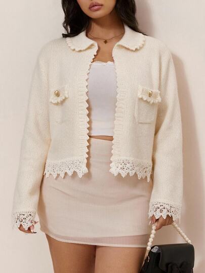 CovetEZ Autumn/Winter Lace Frill Trim Cream White Casual Sexy Plus Size Cardigan