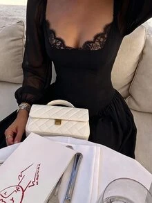 Modelyn 女款編織長袖混紡材質對比蕾絲浪漫法式優雅外出晚餐雞尾酒約會長洋裝黑色秋季 - 黑色 - 查看 8