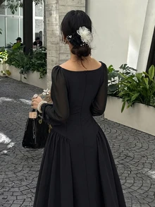 Modelyn 女款編織長袖混紡材質對比蕾絲浪漫法式優雅外出晚餐雞尾酒約會長洋裝黑色秋季 - 黑色 - 查看 3