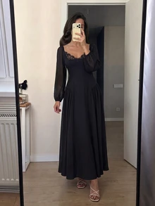 Modelyn 女款編織長袖混紡材質對比蕾絲浪漫法式優雅外出晚餐雞尾酒約會長洋裝黑色秋季 - 黑色 - 查看 5