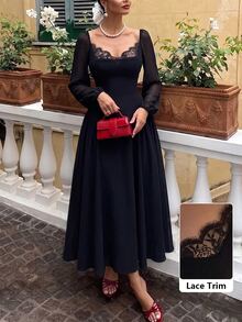 Modelyn 女款編織長袖混紡材質對比蕾絲浪漫法式優雅外出晚餐雞尾酒約會長洋裝黑色秋季 - 黑色 - 查看 7