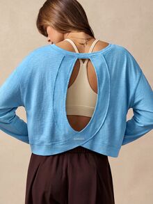 VARSIVA Women Solid Color Hollow Out Long Sleeve Cropped Sports Activewear Top T-Shirt - Blue - View 2