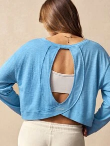 VARSIVA Women Solid Color Hollow Out Long Sleeve Cropped Sports Activewear Top T-Shirt - Blue - View 8