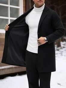 Manfinity CasualCool Men's Mature Casual Solid Color Wool Long Coat, The Perfect Choice For Holiday Gifts - Black - View 5