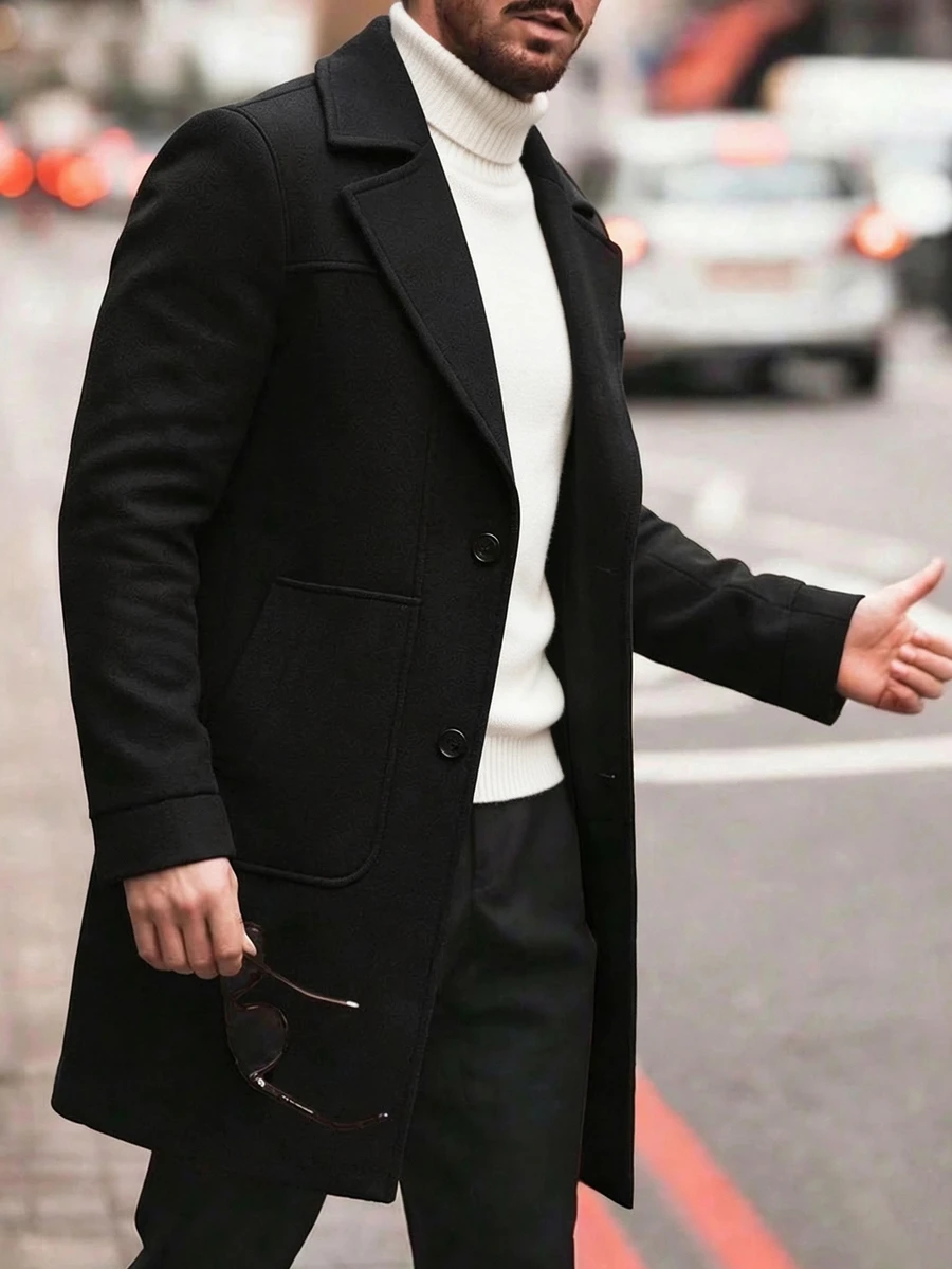 Manfinity CasualCool Men's Mature Casual Solid Color Wool Long Coat, The Perfect Choice For Holiday Gifts - Black - View 1