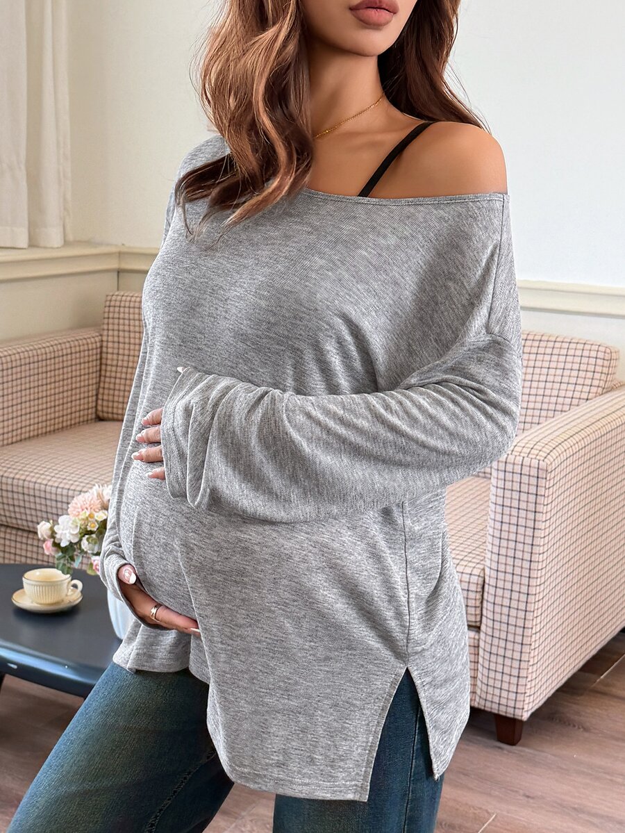 Dazy Maternity Kaos Hamil Lengan Panjang Longgar Warna Polos Model Leher Perahu Bahu Asimetris Kasual Gaya Korea Musim Semi Musim Gugur - Grey - View 1