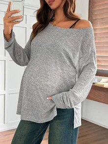 Dazy Maternity Kaos Hamil Lengan Panjang Longgar Warna Polos Model Leher Perahu Bahu Asimetris Kasual Gaya Korea Musim Semi Musim Gugur - Grey - View 3