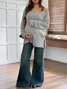 Dazy Maternity Kaos Hamil Lengan Panjang Longgar Warna Polos Model Leher Perahu Bahu Asimetris Kasual Gaya Korea Musim Semi Musim Gugur - Grey - View 5