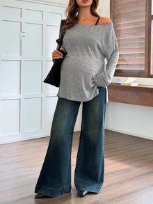 Dazy Maternity Kaos Hamil Lengan Panjang Longgar Warna Polos Model Leher Perahu Bahu Asimetris Kasual Gaya Korea Musim Semi Musim Gugur - Grey - View 6