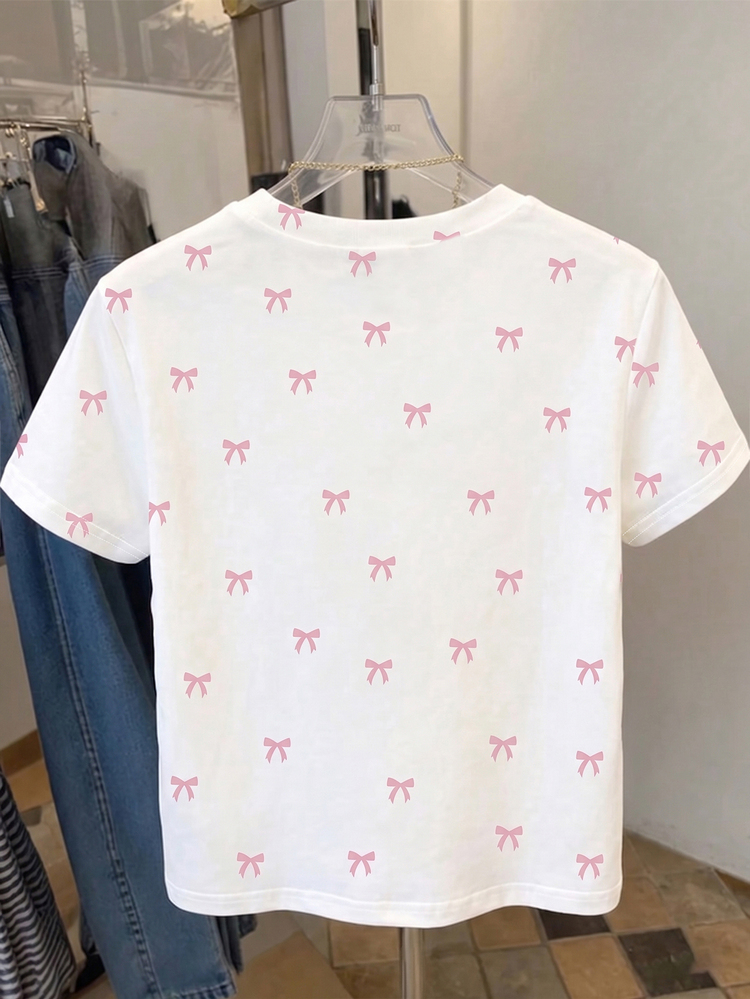 Baby Girl Round Neck Short Sleeve Top, Casual Cute Bow Pattern Printed T-Shirt, Classic Simple Style, Fashionable Versatile, Suitable For Summer Outings, Vacation And Casual Wear - Multicolor - View 2