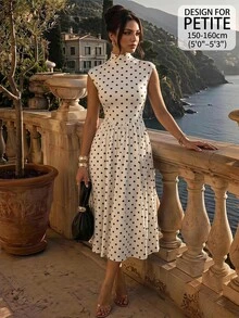 SHEIN PETITE فستان نسائي برقبة عالية وأكمام قصيرة بنقشة نقاط البولكا - أبيض - مشاهدة 12