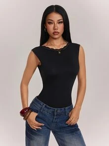 SHEIN PETITE 女款素色圓領蕾絲拼接露背修身無袖連身衣 - 黑色 - 查看 3