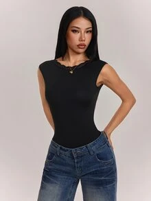 SHEIN PETITE 女款素色圓領蕾絲拼接露背修身無袖連身衣 - 黑色 - 查看 4