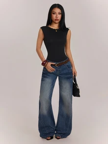 SHEIN PETITE 女款素色圓領蕾絲拼接露背修身無袖連身衣 - 黑色 - 查看 6